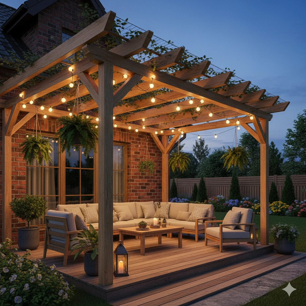 Taras z drewnianą pergolą, lampkami i meblami wypoczynkowymi – Tarasy