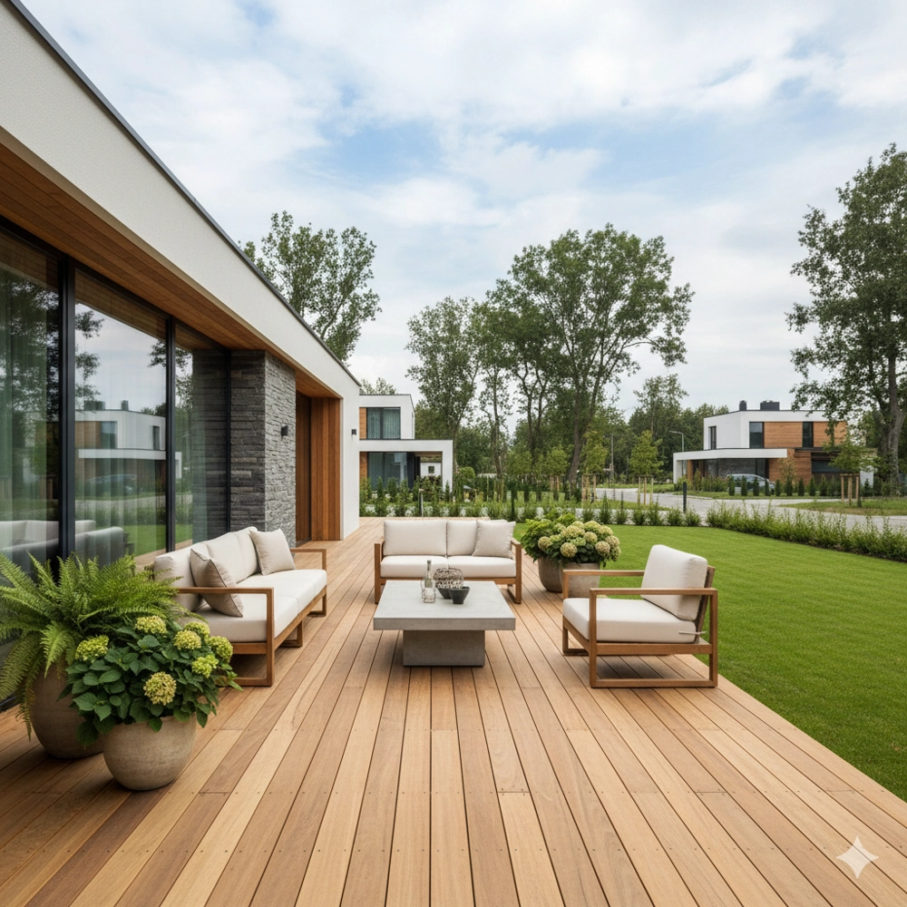 Taras z drewnianych desek z meblami wypoczynkowymi i donicami roślinnymi przy nowoczesnym domu