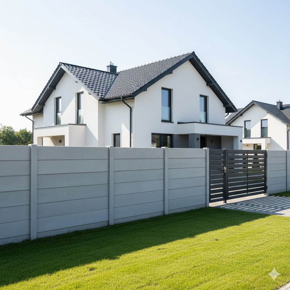 Ogrodzenie betonowe z bramą przed nowoczesnym, dwukondygnacyjnym domem