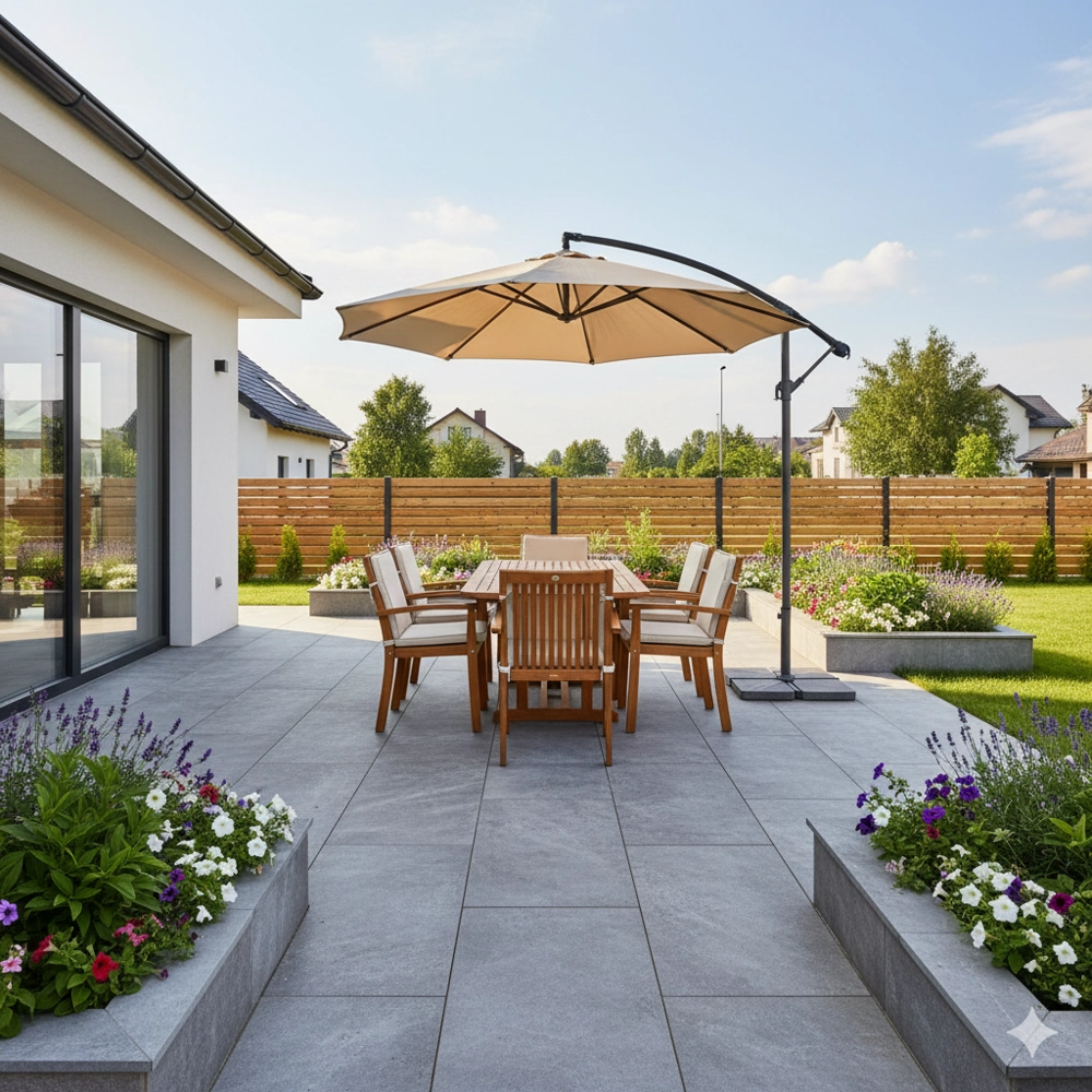 Taras z betonowych płyt, drewniany stół jadalniany z krzesłami i parasolem, obsadzone rabaty kwiatowe